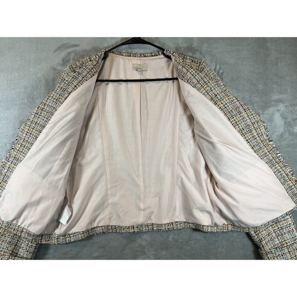 Loft Tweed‎ Blazer Jacket Ivory Womens Size 10 Fringe Trim Open Front - Picture 3 of 11